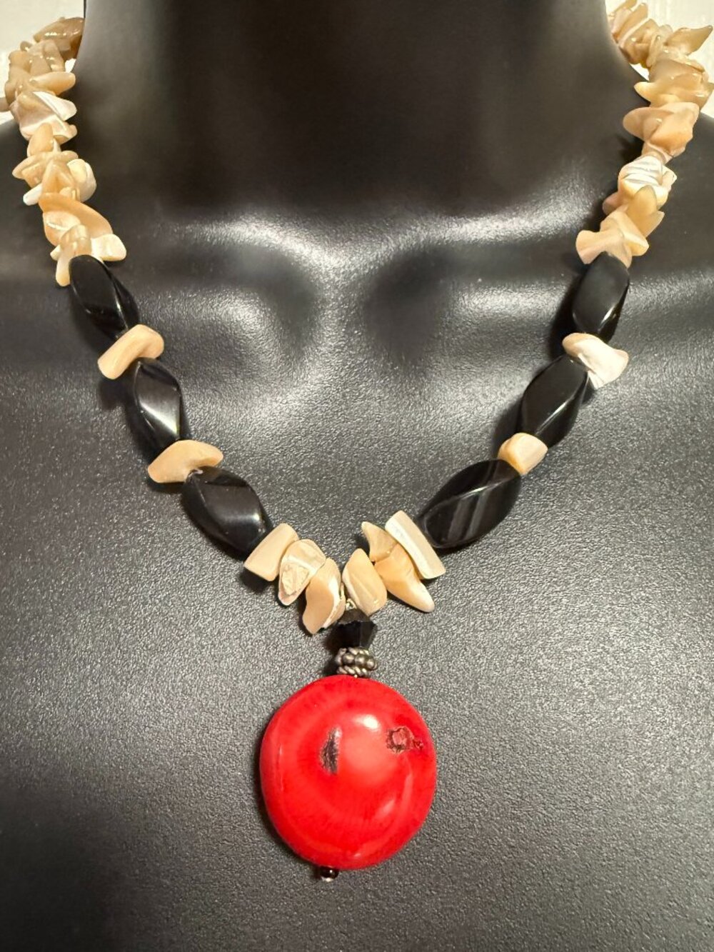 Artisan Red Coral Onxy Shell Beaded Necklace